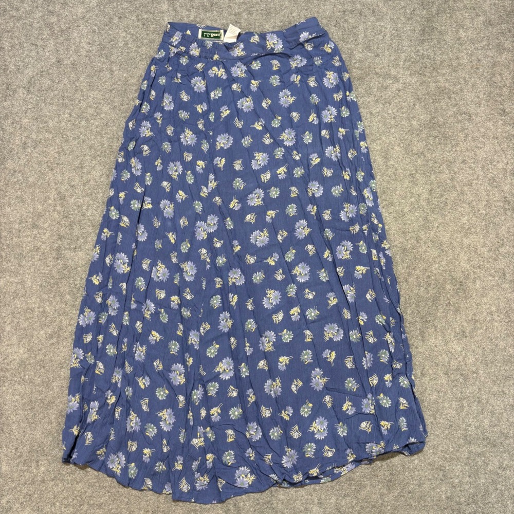 LL Bean Vintage Blue Floral Maxi Skirt Womens Medium Rayon Made in USA V589